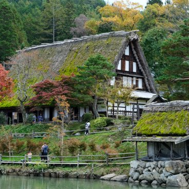 Hida no Sato (Takayama), View on a traditional Gassho-zukuri thatched-roof house in autumn