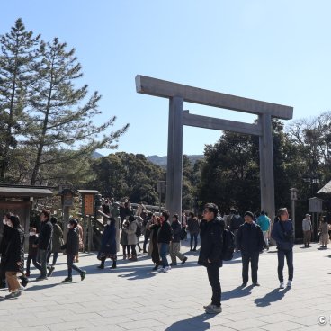 Ise Jingu, Ujibashi Bridge's torii gate at Naiku inner shrine (Kotai-jingu) for Kenkoku-kinen-sai on February 11