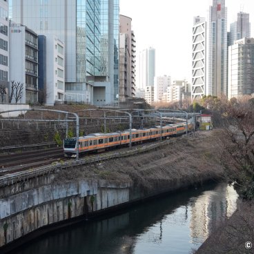 Ochanomizu (Tokyo), A train on the tracks by the Kanda river near Ochanomizu station