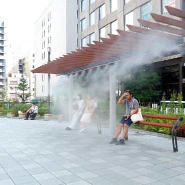 Summer Heat in Japan, Mist sprayer facility at a rest area in Ginza, Tokyo