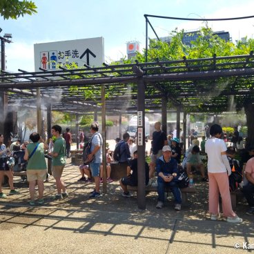 Summer Heat in Japan, Mist sprayer facility at a rest area in Asakusa, Tokyo