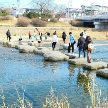 Demachiyanagi Delta (Kyoto), View on the stepping stones path across the river at the end of winter 2