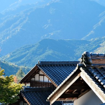 Kiso Valley (Japanese Alps), View on the traditional roofs and the mountains (Magome-juku post town, Gifu prefecture)