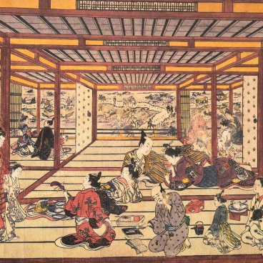 Kyoto, Happy scene of life in a tea house (by ukiyo-e artist Nishimura Shigenaga, 1745)