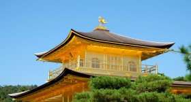 Kinkaku-ji (Kyoto), View of the Golden Pavilion in October 2021 (after its golden roof's renovation)