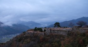 Takeda Castle Ruins, Fortification walls at sunrise